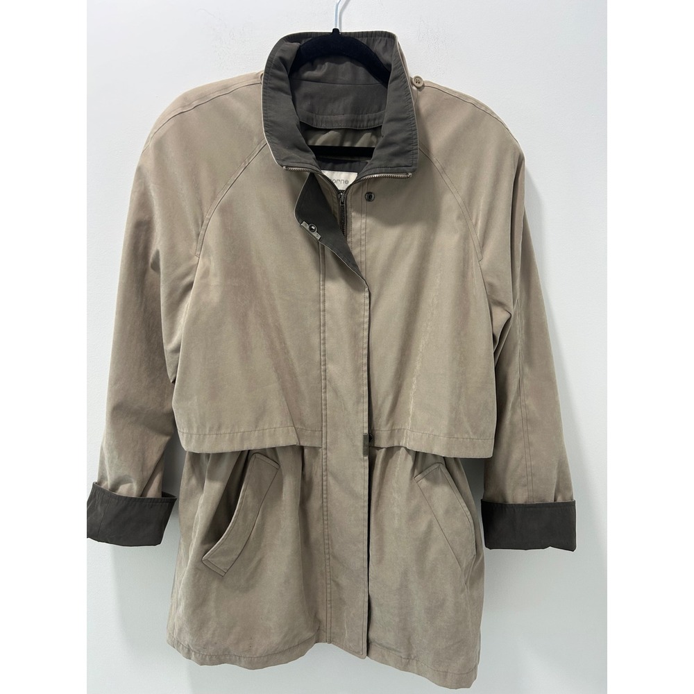 Liz Claiborne Women Taupe Microfiber Utility Jacket Zip Front Storm Flap Coat